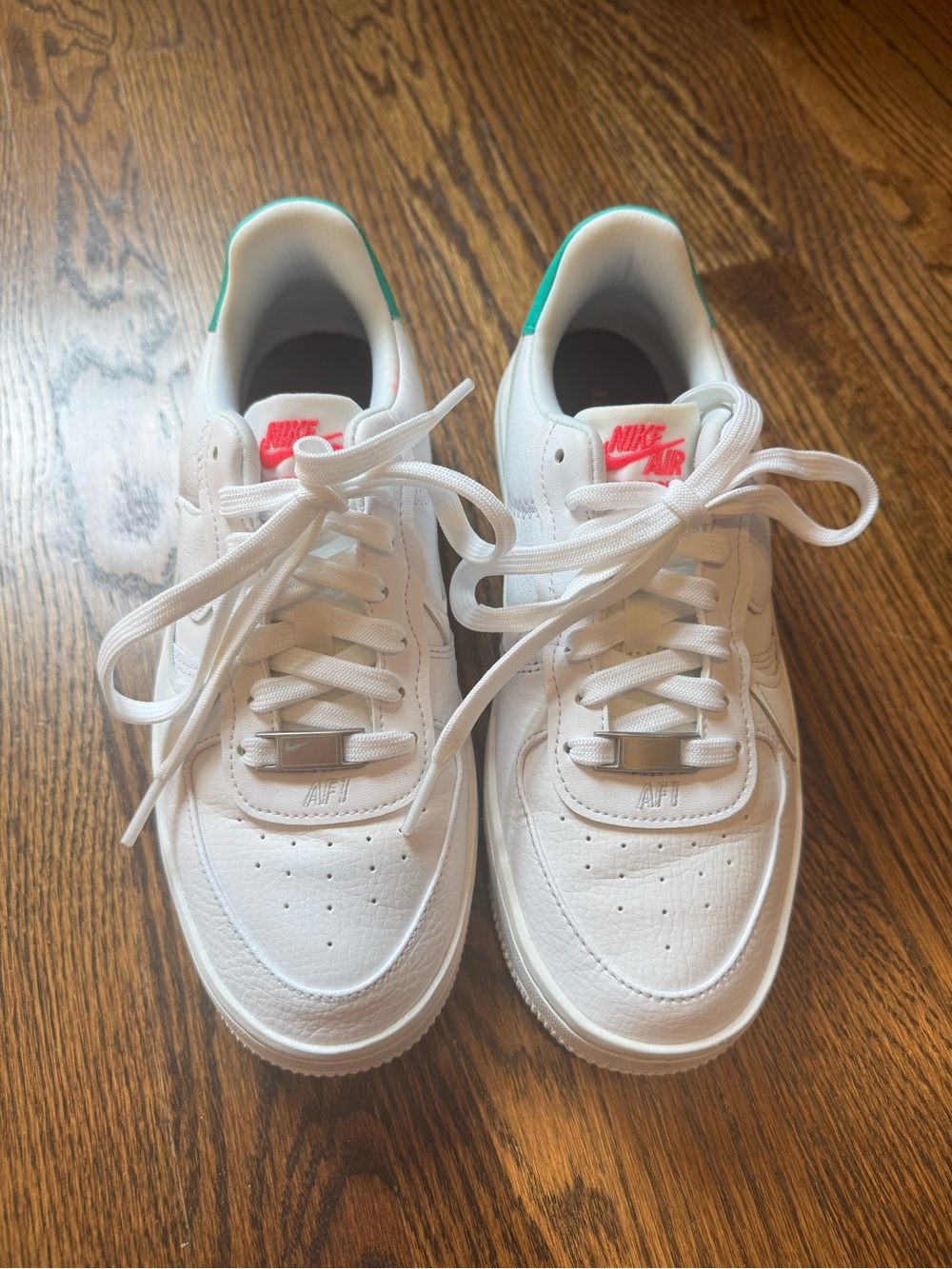 Nike White Leather Sneakers with Teal Heel and Pink AIR Accent - Picture 2 of 5